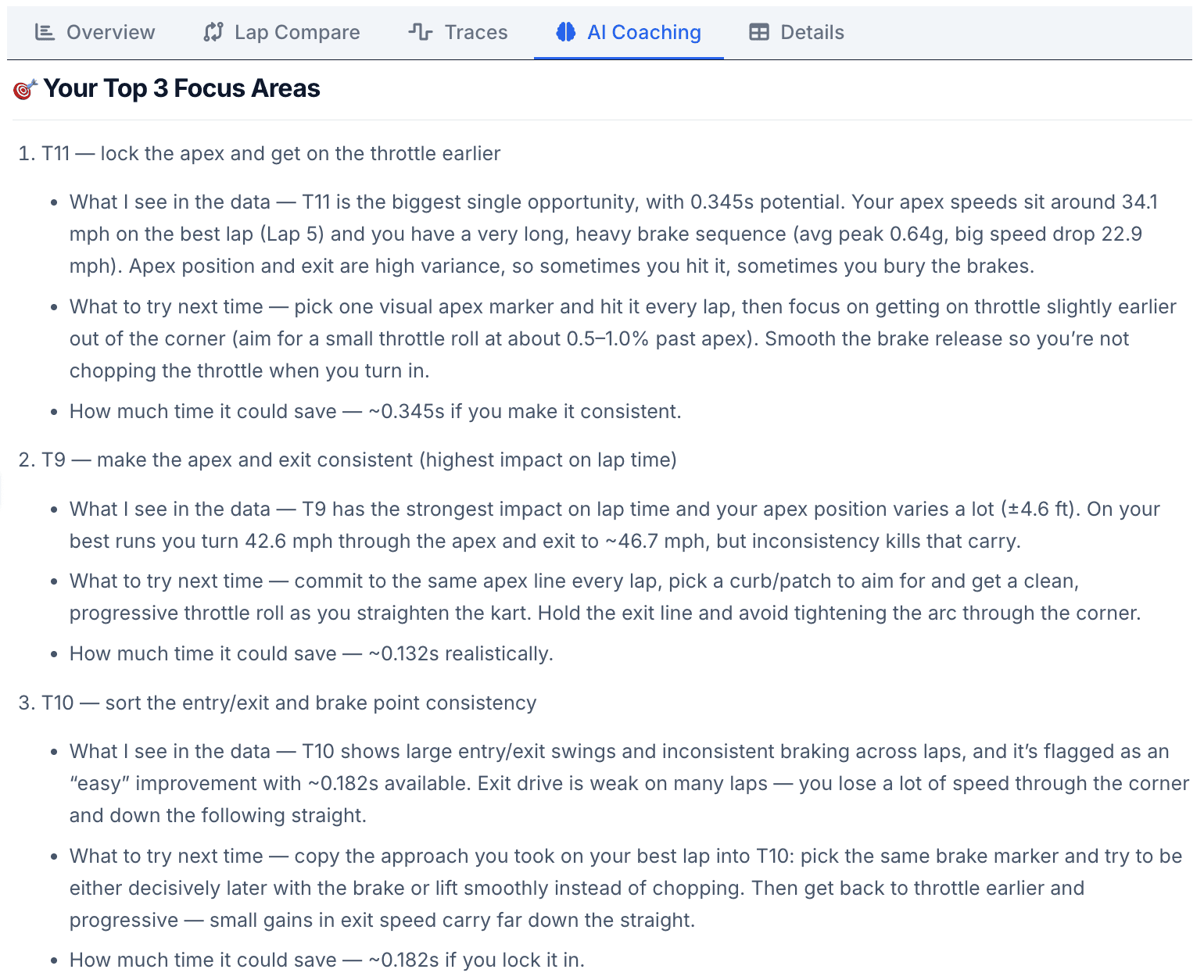 AI coaching report showing top 3 focus areas