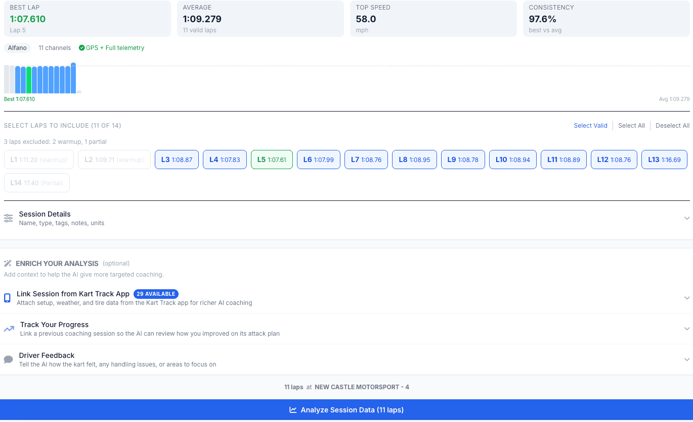 Lap selection screen with parsed lap data