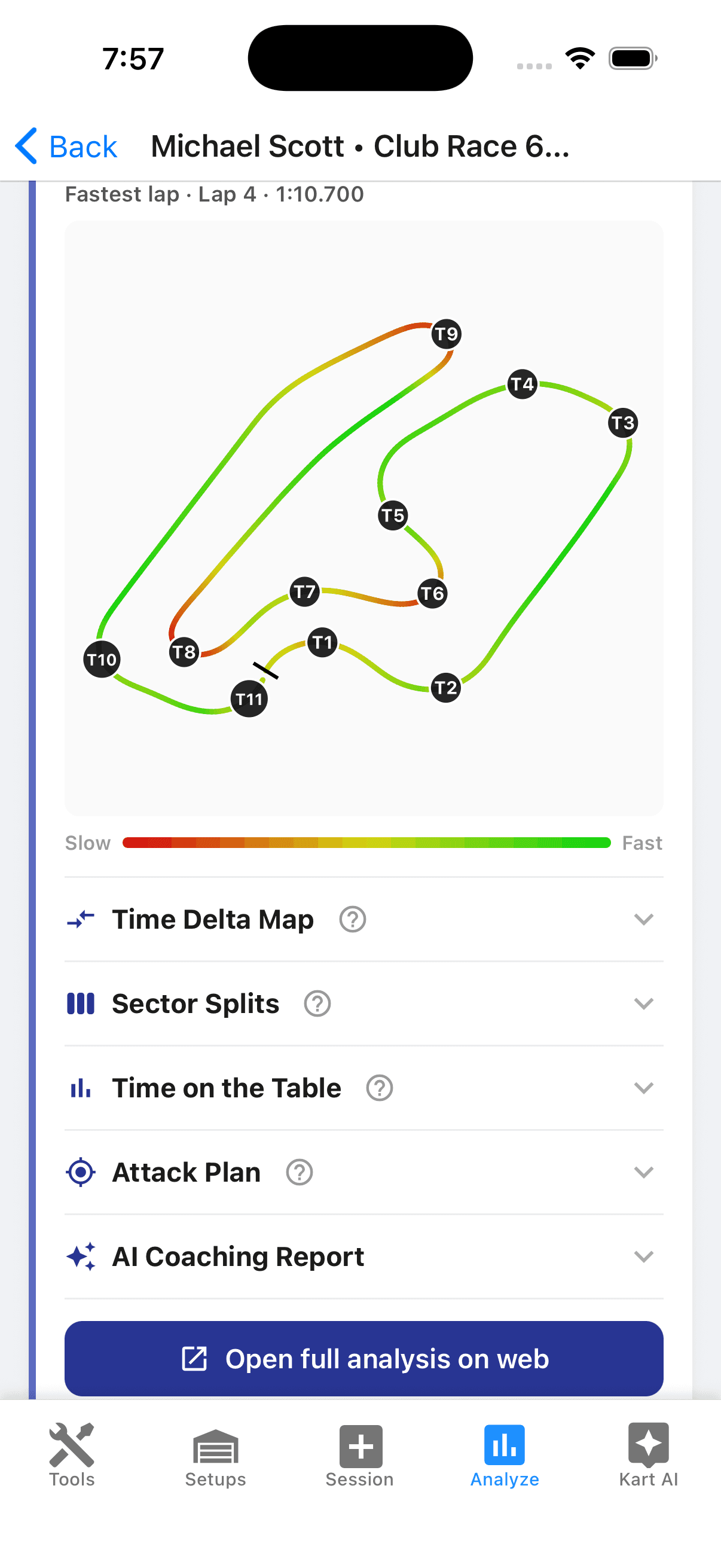 Driver mobile view: track map colored by speed for the fastest lap