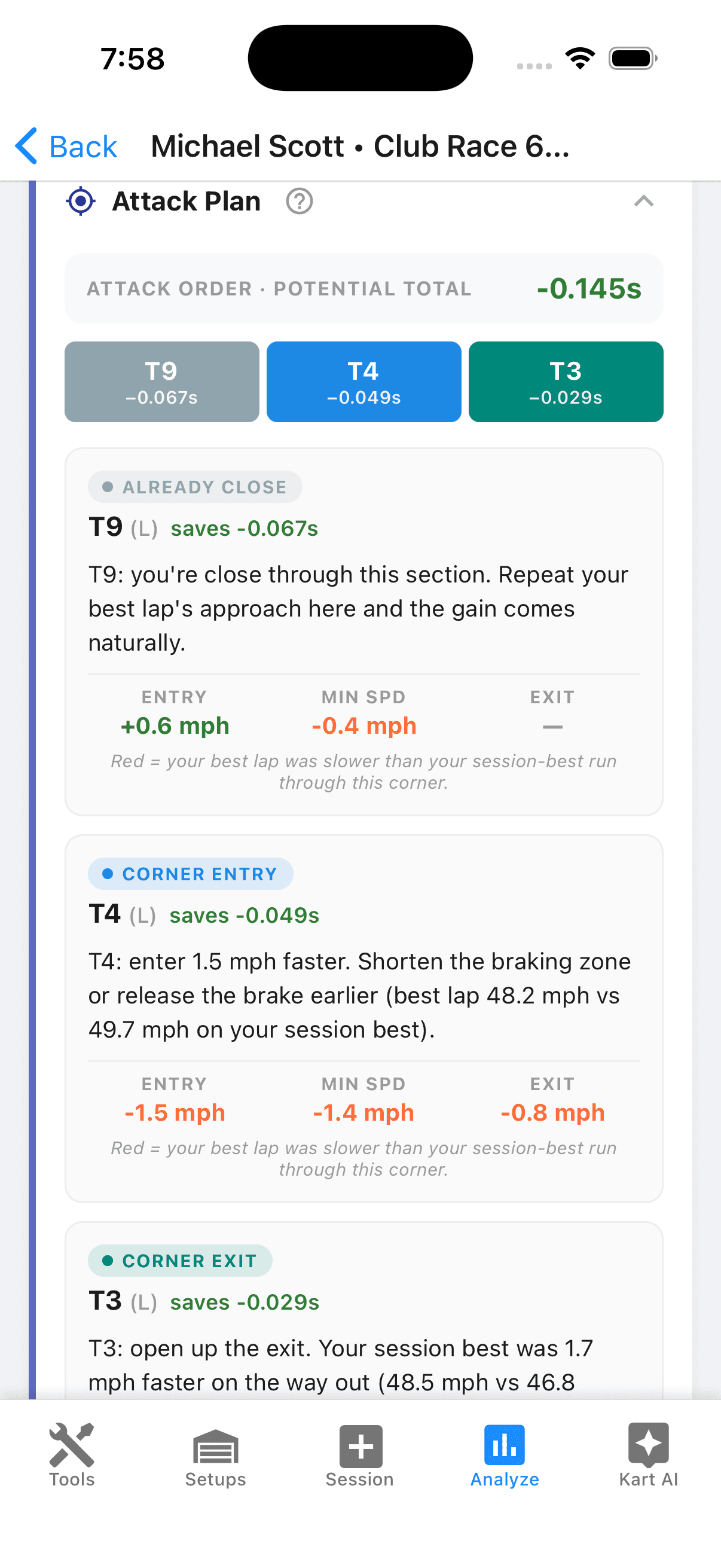 Driver mobile view: corner-by-corner Attack Plan from the AI coaching report